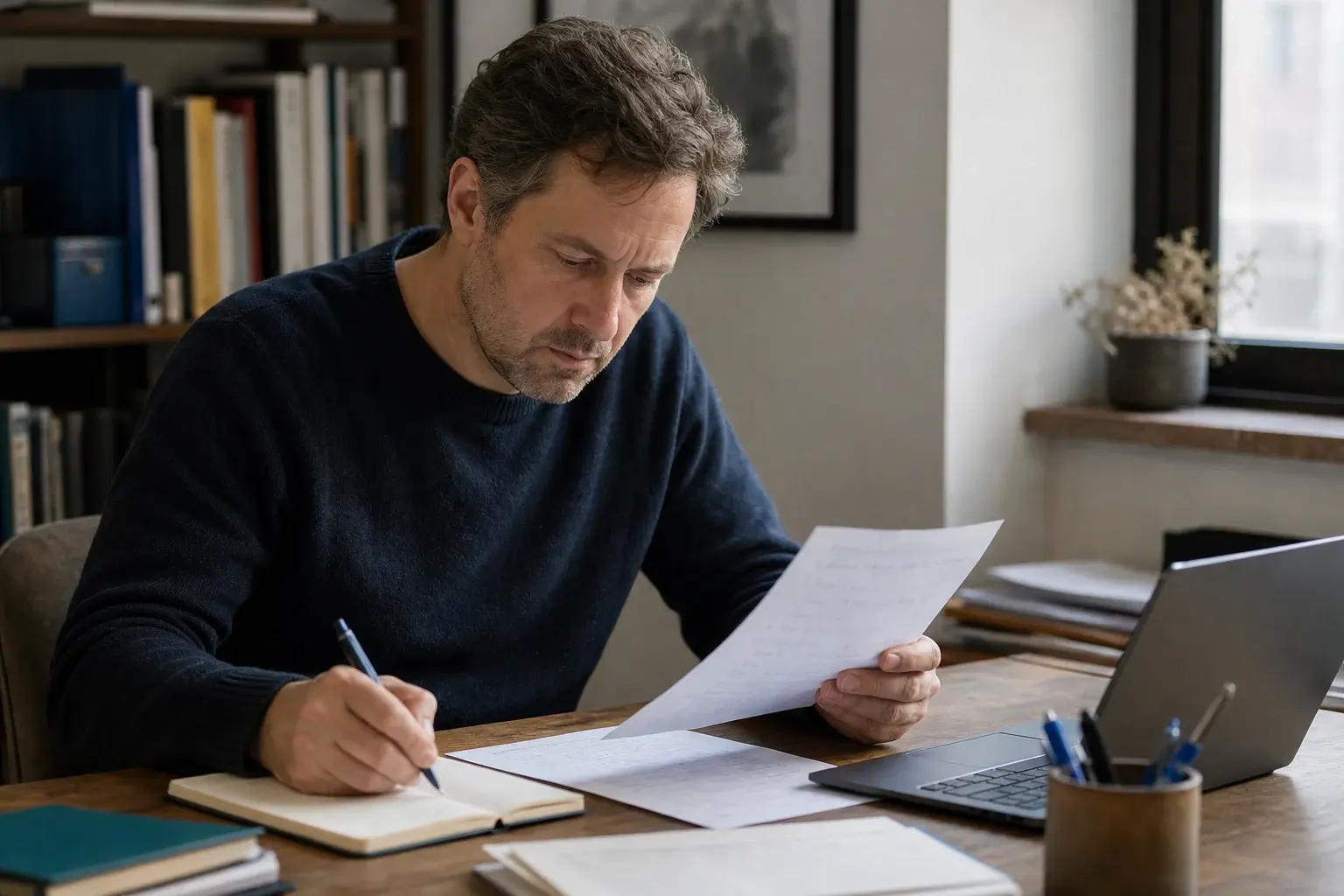An operator working through a diagnostic workbook and source material