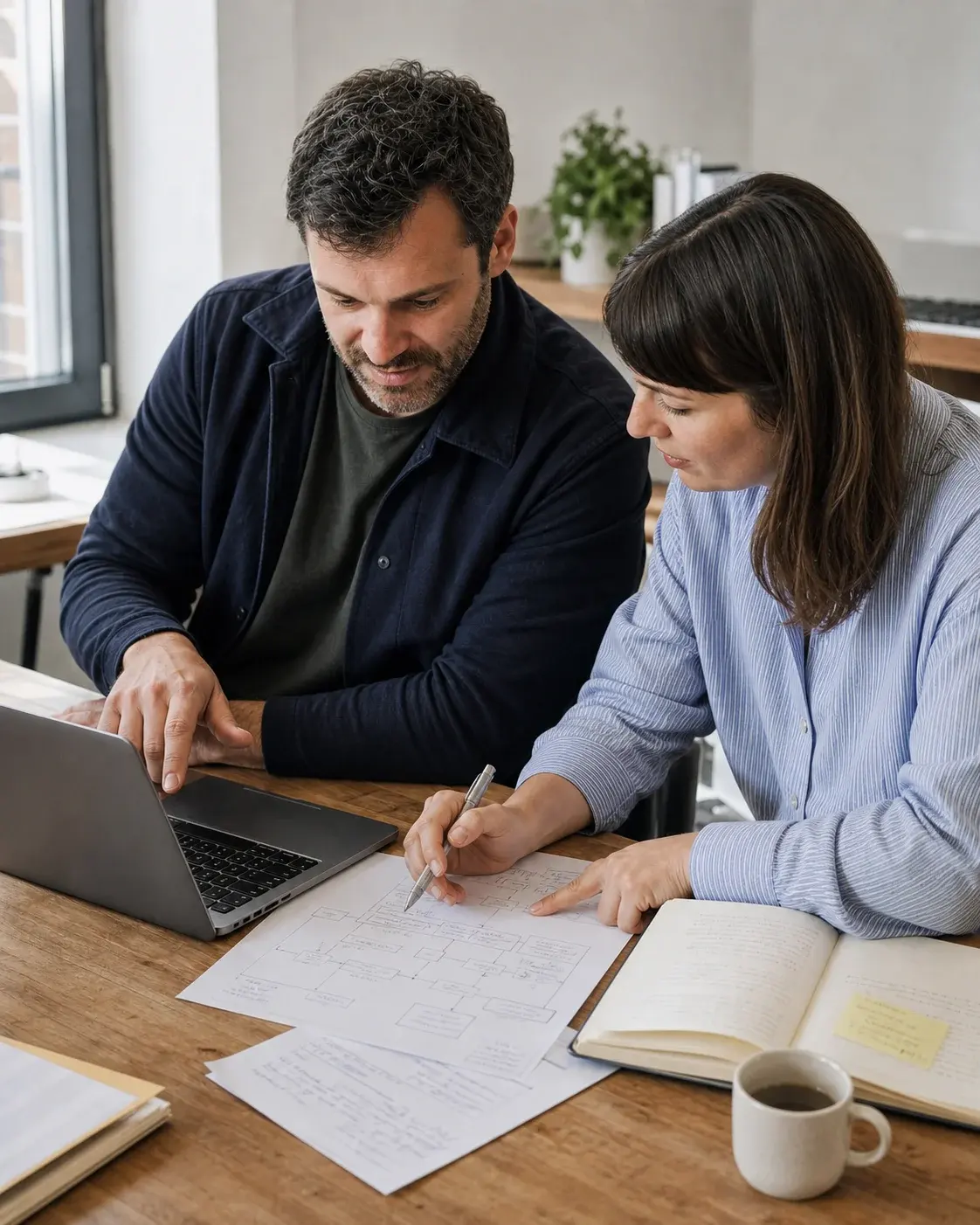Two colleagues mapping a working process together over a laptop and printed documents