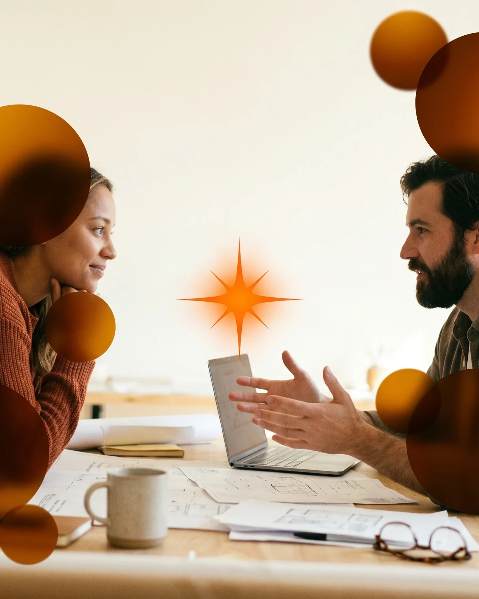 Two operators in conversation across a worktable — the human bridge between you and the vendors.