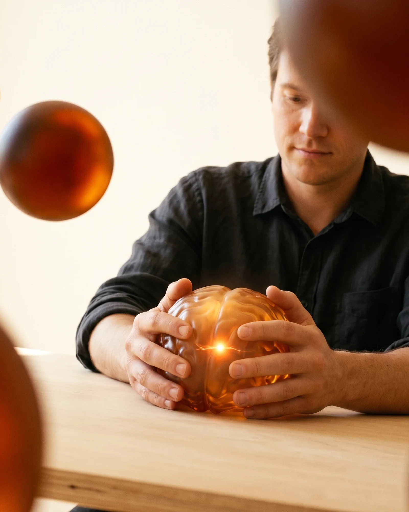An operator taking possession of a glowing brain they built — ownership, kept.
