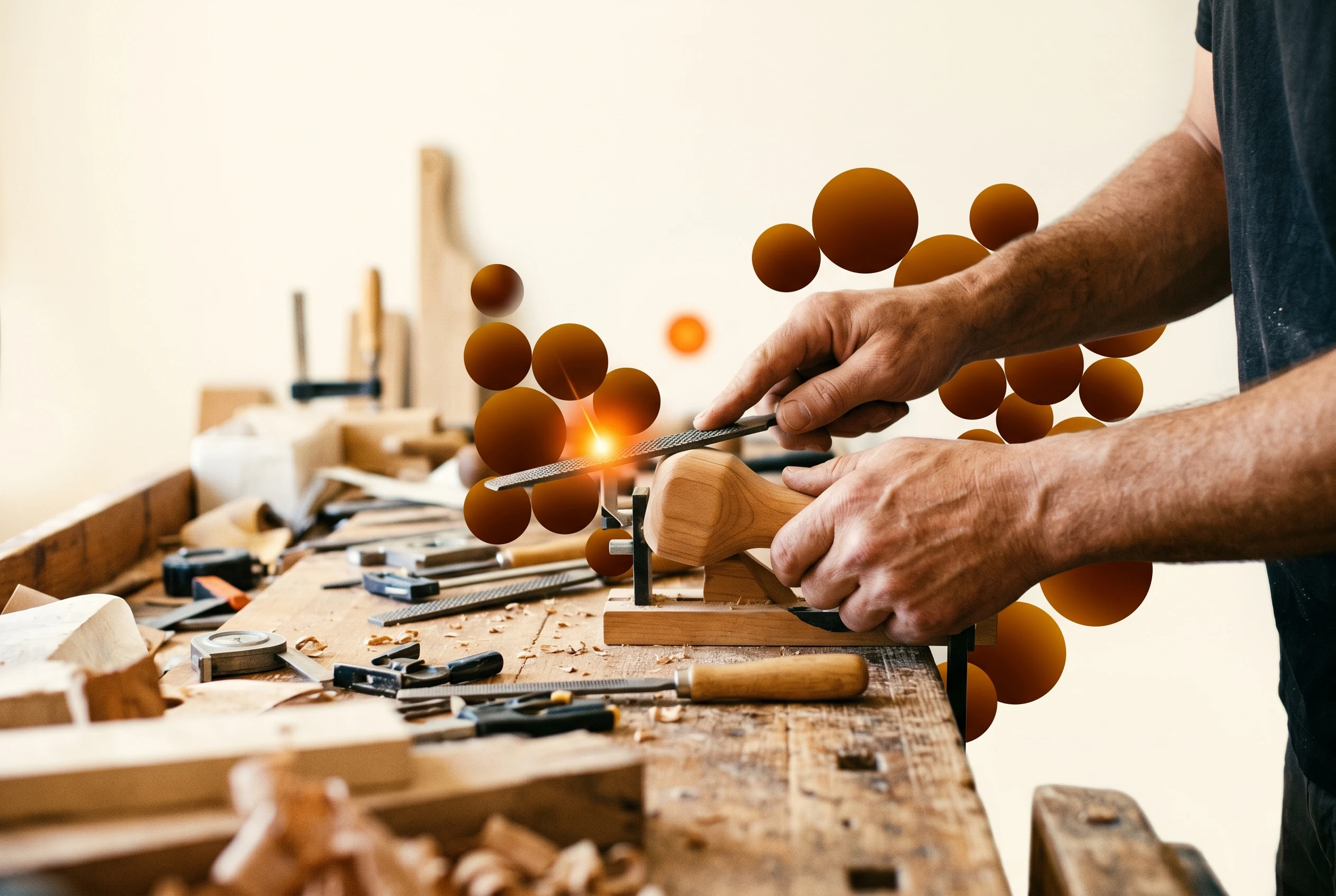 A bespoke workbench — hand tools and one custom object shaped precisely under skilled hands.