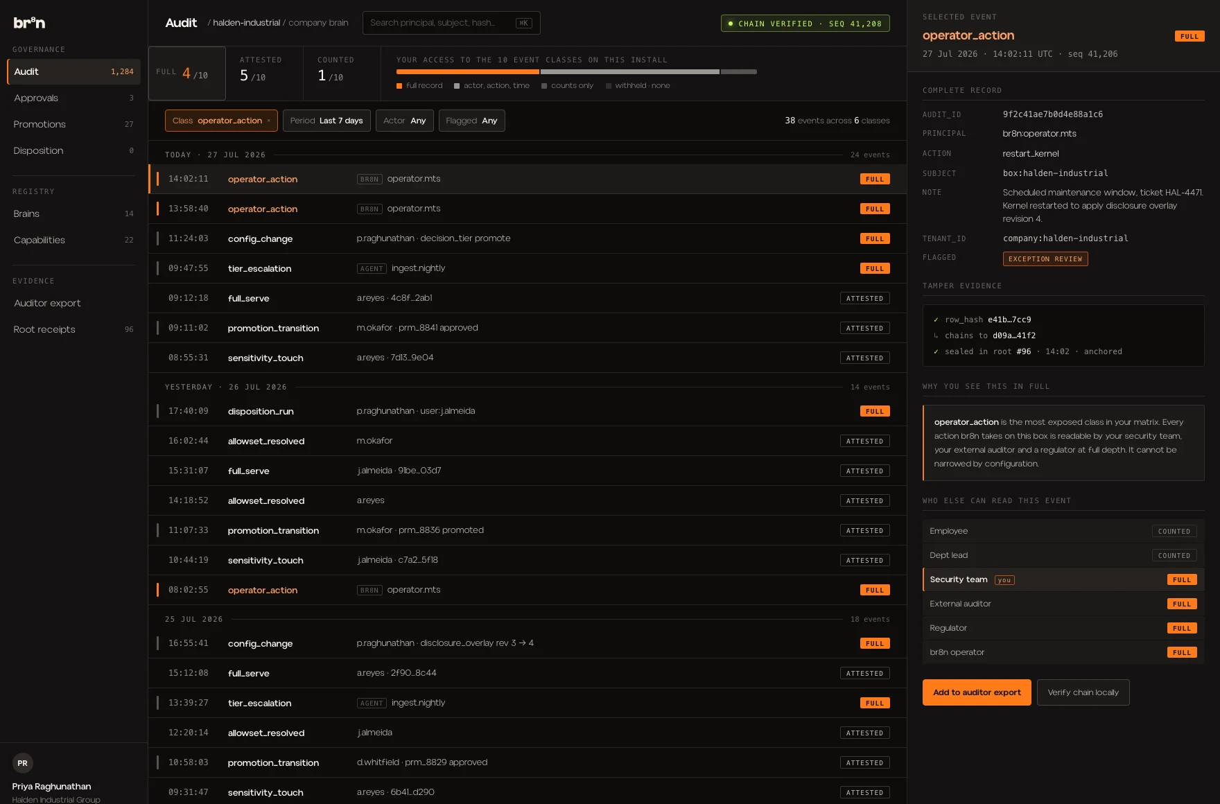 Architecture preview of the br8n audit console with a verified activity chain