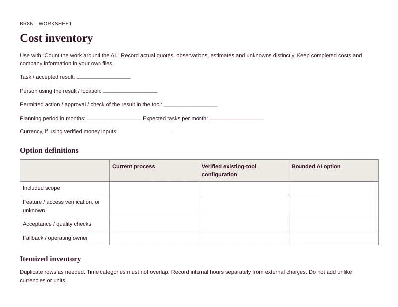 First-page preview of the blank Cost inventory worksheet