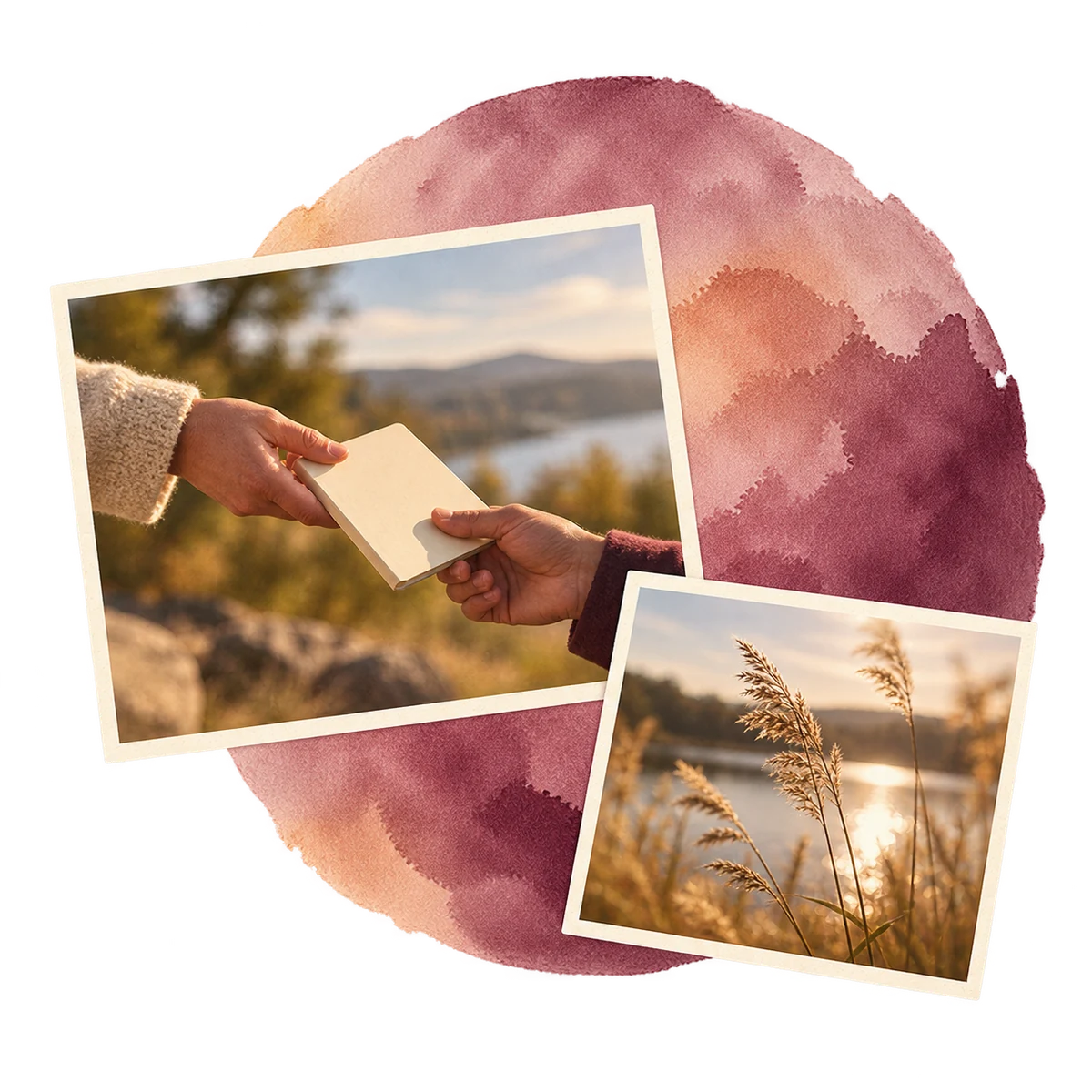 A notebook passed between two people, layered with reeds and a watercolor form.