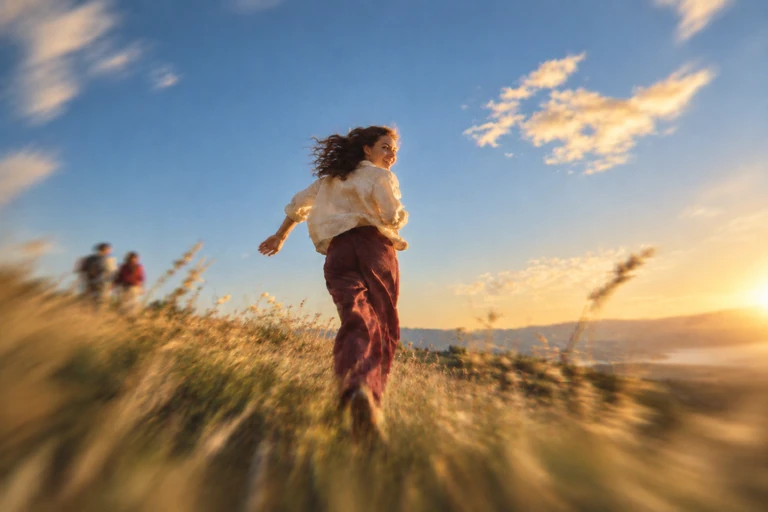 A person outdoors in a sunlit field.