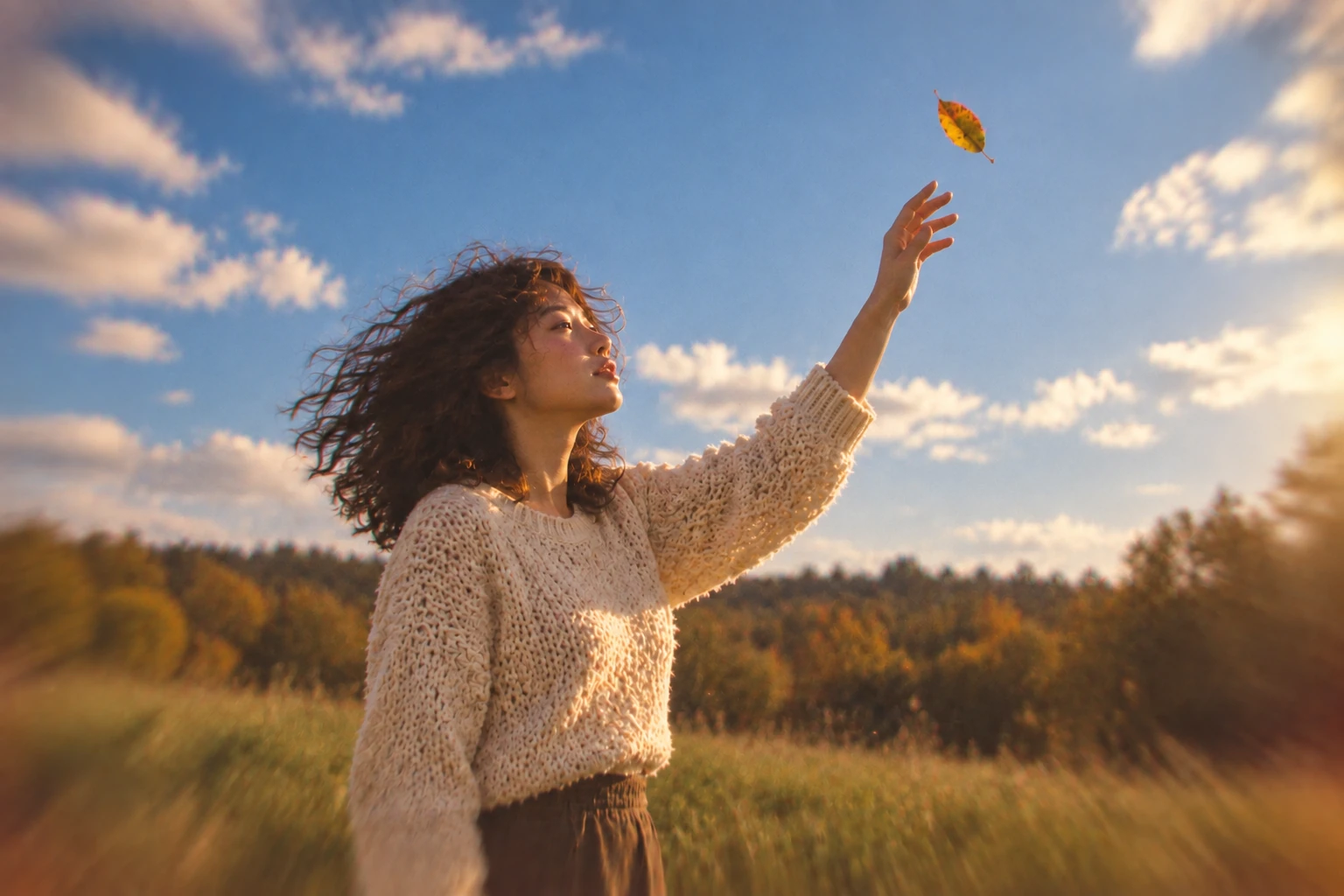 A woman in a cream sweater reaches toward an amber leaf against blue sky.