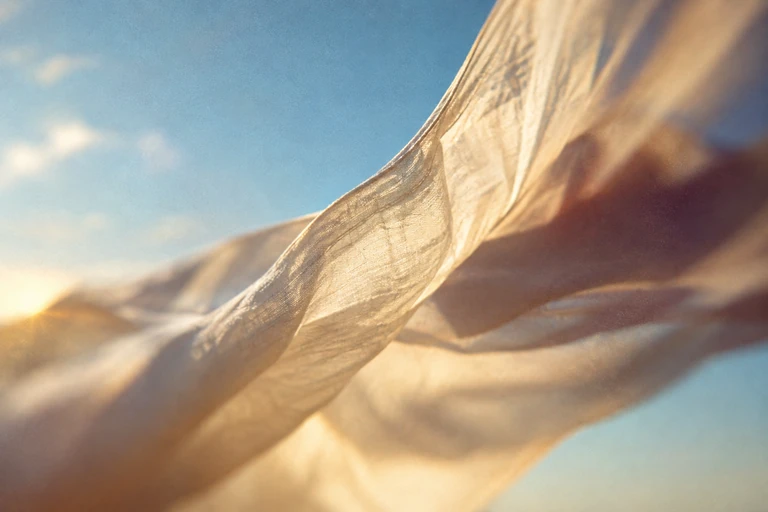 Cream fabric lifting in the wind against open blue sky.