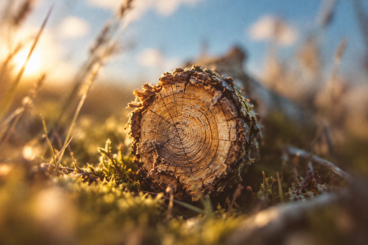 Irregular growth rings in a fallen branch, surrounded by softly blurred woodland light and film grain.