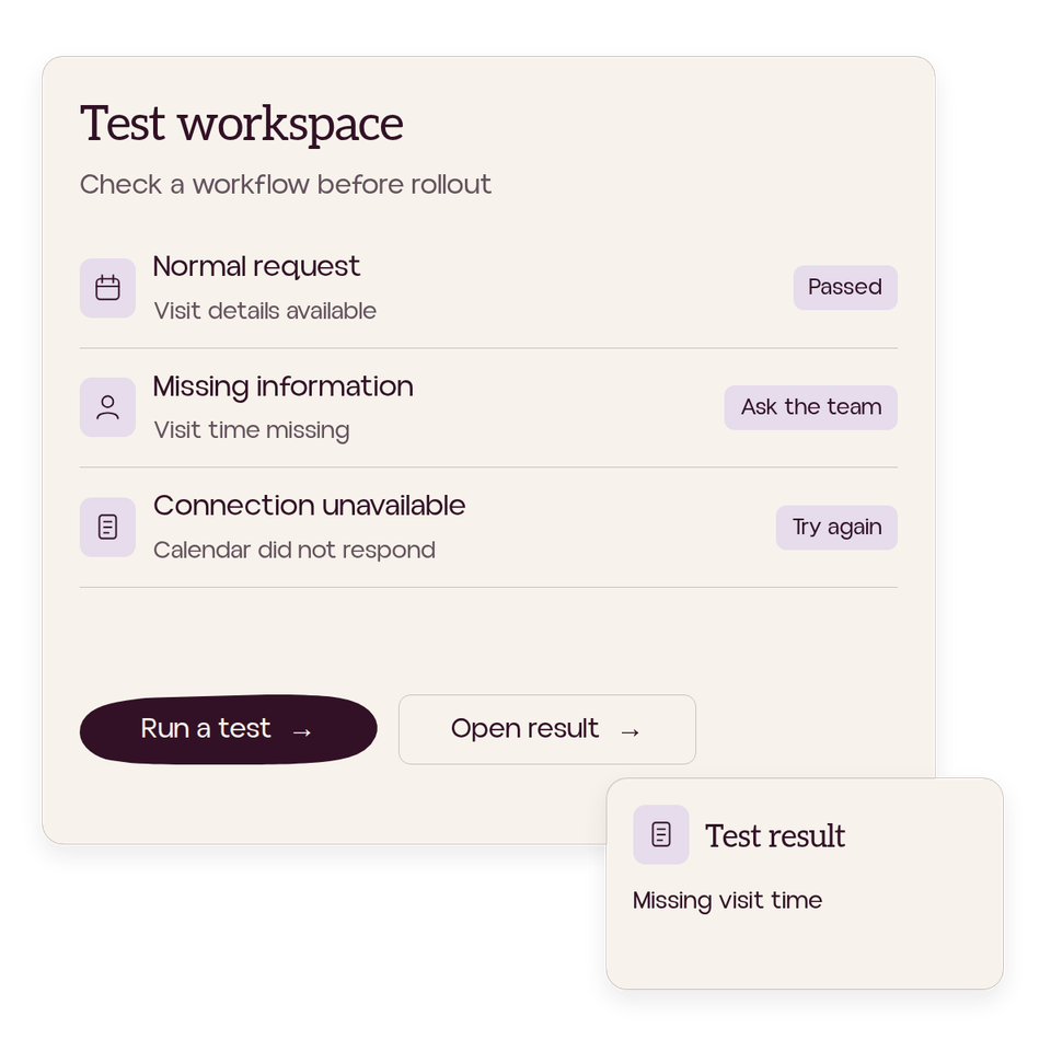Test workspace shows a normal request, missing information and an unavailable connection, with test and result controls.